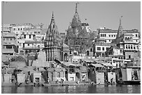 Temples on riverbank of the Ganges, Manikarnika Ghat. Varanasi, Uttar Pradesh, India ( black and white)