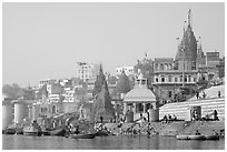 Temples and steps on Ganga riverbank. Varanasi, Uttar Pradesh, India (black and white)
