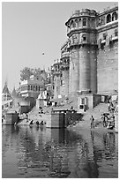 Castle-like towers and steps, Ganga Mahal Ghat. Varanasi, Uttar Pradesh, India ( black and white)