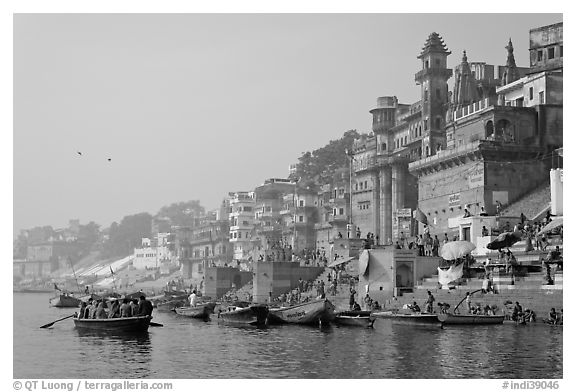 Munshi Ghat and Ganges River. Varanasi, Uttar Pradesh, India (black and white)