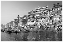 Steps of Ahilyabai Ghat and Ganga River. Varanasi, Uttar Pradesh, India (black and white)