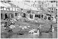 Laundry washed and hanged on Ganges riverbank. Varanasi, Uttar Pradesh, India ( black and white)