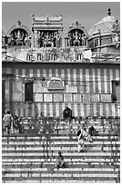 Temple with colorful stripes and steps. Varanasi, Uttar Pradesh, India (black and white)