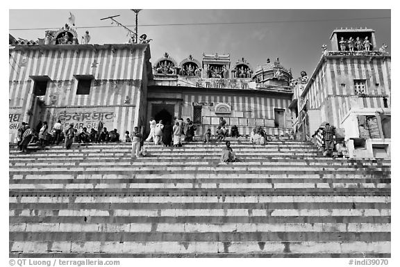 Colorful stripes and steps of shrine at Kedar Ghat. Varanasi, Uttar Pradesh, India (black and white)