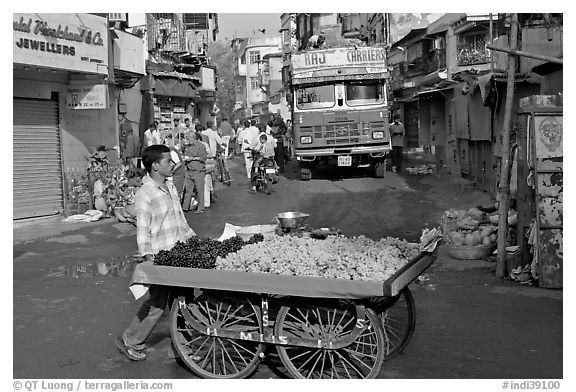 Vegetable vendor pushing cart with truck in background, Colaba Market. Mumbai, Maharashtra, India (black and white)