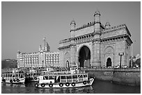 Gateway of India and Taj Mahal Palace, morning. Mumbai, Maharashtra, India (black and white)