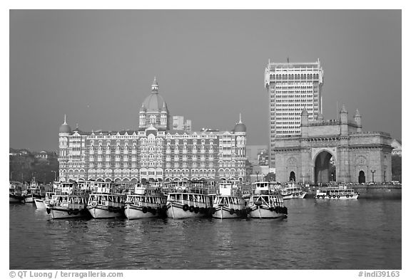 Taj Mahal Palace and Gateway of India. Mumbai, Maharashtra, India (black and white)