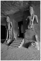 Siva shrine, main  Elephanta cave. Mumbai, Maharashtra, India ( black and white)