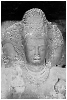 Triple-headed Shiva sculpture, Elephanta caves. Mumbai, Maharashtra, India ( black and white)