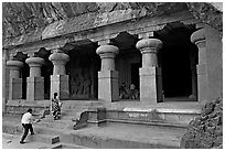 Cave hewn from solid rock, Elephanta Island. Mumbai, Maharashtra, India ( black and white)