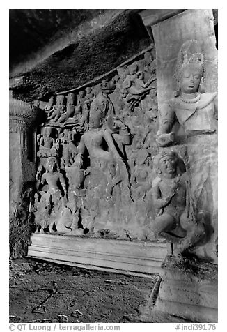 Shiva Shakti rock-carved sculpture, main Elephanta cave. Mumbai, Maharashtra, India (black and white)