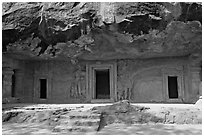 Cave with sculptures and entrances, Elephanta Island. Mumbai, Maharashtra, India ( black and white)