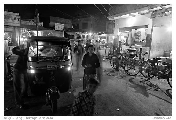 Rickshaw and street by night, Taj Ganj. Agra, Uttar Pradesh, India (black and white)