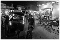 Rickshaw and street by night, Taj Ganj. Agra, Uttar Pradesh, India (black and white)