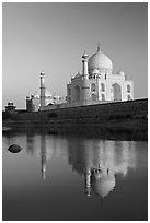 Taj Mahal reflected in Yamuna River. Agra, Uttar Pradesh, India (black and white)