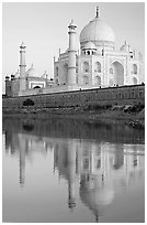 Taj Mahal and Jawab reflected in Yamuna River, sunset. Agra, Uttar Pradesh, India (black and white)