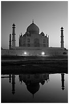 Taj Mahal over Yamuna River at dusk. Agra, Uttar Pradesh, India (black and white)