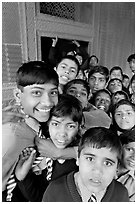 Group of schoolboys in front of Rumi Sultana. Fatehpur Sikri, Uttar Pradesh, India (black and white)