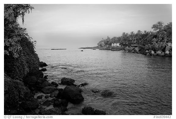 Oceanfront with house and palm trees, Dona Paula. Goa, India (black and white)