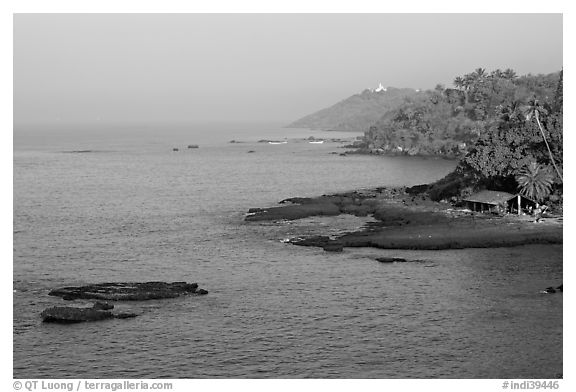 Coastline, palm trees, and clear waters, Dona Paula. Goa, India (black and white)