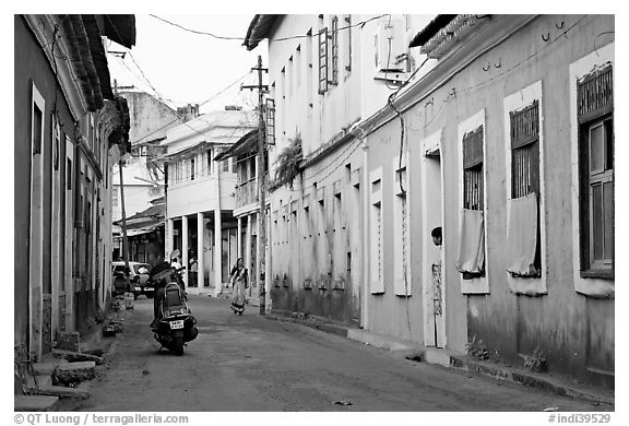 Street with painted houses, Panaji. Goa, India (black and white)
