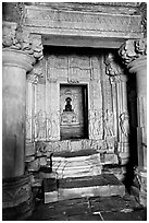 Columns and inner sanctum  with black image of Parsvanatha, Parsvanatha temple, Eastern Group. Khajuraho, Madhya Pradesh, India ( black and white)