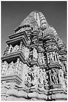 Bands of sculptures and sikhara, Javari Temple, Eastern Group. Khajuraho, Madhya Pradesh, India ( black and white)