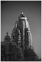 Illuminated temple at night, Western Group. Khajuraho, Madhya Pradesh, India (black and white)
