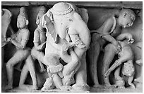 Elephant and Mithuna figures, Lakshmana temple. Khajuraho, Madhya Pradesh, India ( black and white)
