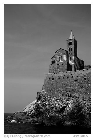 Chiesa di San Pietro (1277) in Genoese Gothic fashion with black and white bands of marble, Porto Venere. Liguria, Italy (black and white)