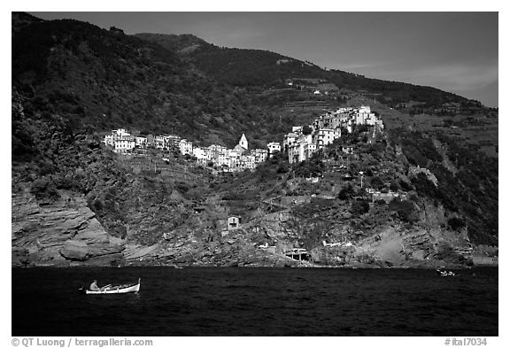 Corniglia, on ridge high above the Mediterranean sea. Cinque Terre, Liguria, Italy