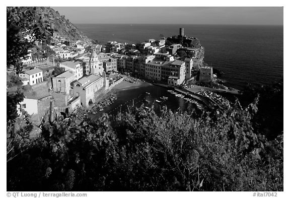 Harbor, church, 11th century castle and village, late afternoon, Vernazza. Cinque Terre, Liguria, Italy (black and white)