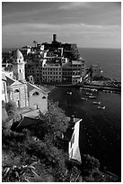 Fishing port, church, old castle and village, Vernazza. Cinque Terre, Liguria, Italy ( black and white)