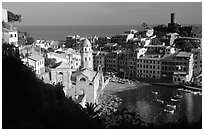 Harbor and Castello Doria (11th century), late afternoon, Vernazza. Cinque Terre, Liguria, Italy (black and white)