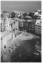Church, harbor, and beach seen from above, Vernazza. Cinque Terre, Liguria, Italy (black and white)