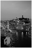Port and Castello Doria, dusk, Vernazza. Cinque Terre, Liguria, Italy (black and white)