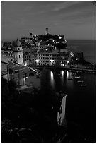 Harbor and Castello Doria, dusk, Vernazza. Cinque Terre, Liguria, Italy (black and white)