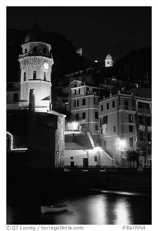 Churches illuminated at night, Vernazza. Cinque Terre, Liguria, Italy