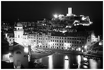 Harbor and Castello Doria at night, Vernazza. Cinque Terre, Liguria, Italy ( black and white)