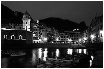 Harbor and seaside Piazza Guglielmo Marconi at night, Vernazza. Cinque Terre, Liguria, Italy (black and white)