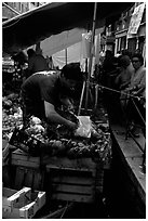 Selling fruit and vegetable from a boat on a small  canal, Castello. Venice, Veneto, Italy ( black and white)