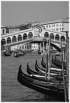 Gondolas and Rialto Bridge. Venice, Veneto, Italy (black and white)