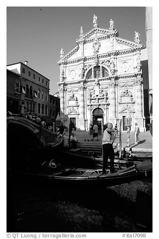 Gondola and church. Venice, Veneto, Italy (black and white)