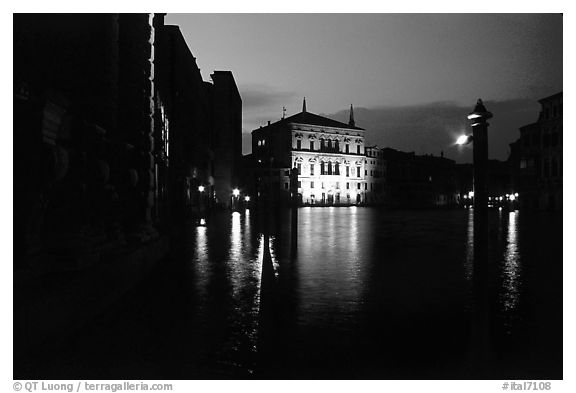 Grand Canal at night with lighted palace. Venice, Veneto, Italy (black and white)