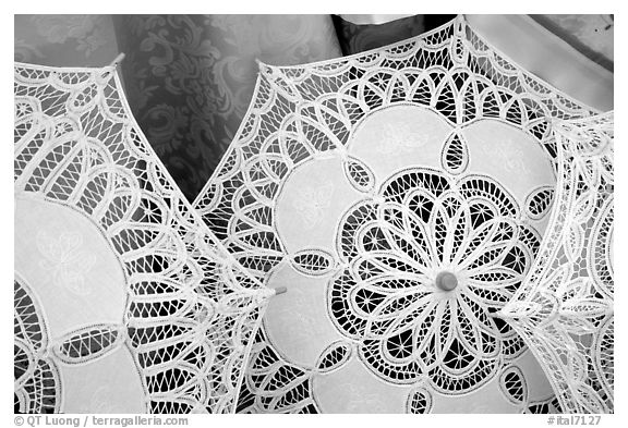 Lace, the specialty of the island of Burano. Venice, Veneto, Italy (black and white)