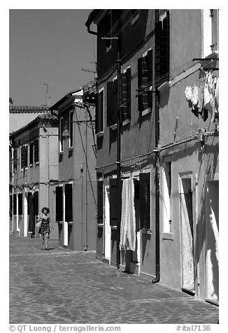 Distinctive, brightly painted houses, Burano. Venice, Veneto, Italy (black and white)