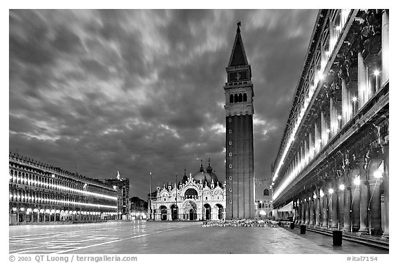 Campanile and Piazza San Marco (Square Saint Mark) at night. Venice, Veneto, Italy (black and white)