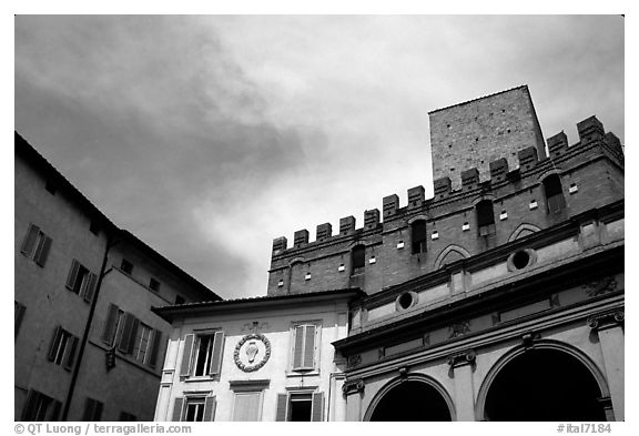 Mix of buildings of different styles. Siena, Tuscany, Italy (black and white)
