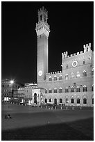 Piazza Del Campo, Palazzo Pubblico, and Torre del Mangia  at night. Siena, Tuscany, Italy (black and white)