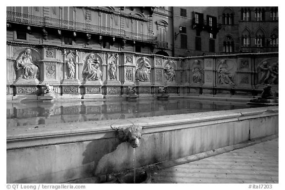 15th century Fonte Gaia (Gay Fountain) on Il Campo. Siena, Tuscany, Italy (black and white)